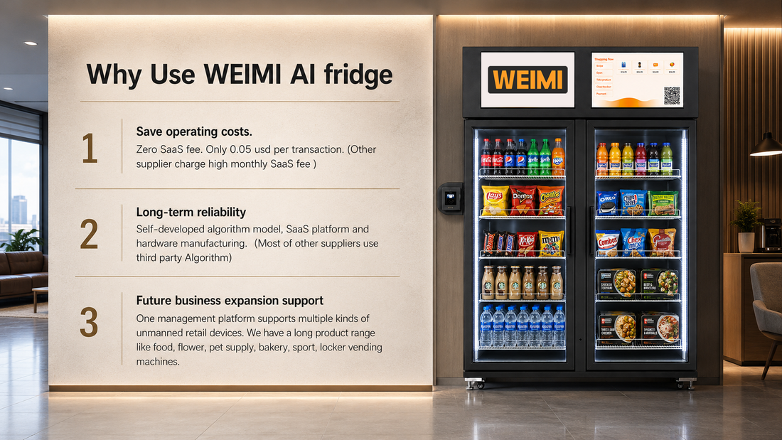 WEIMI AI fridge for snacks, drinks and packaged meals in a modern workplace