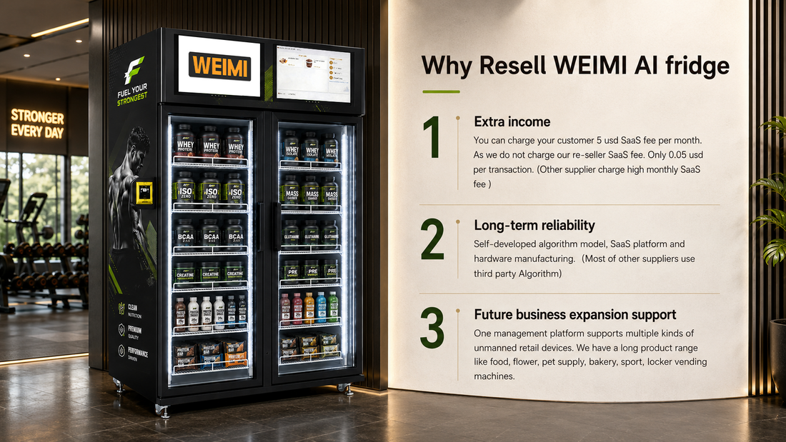 Custom-branded WEIMI AI fridge for a fitness vending reseller program