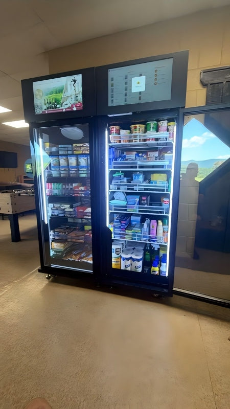 Two WEIMI AI vending machines for snacks and drinks in a United States billiards hall